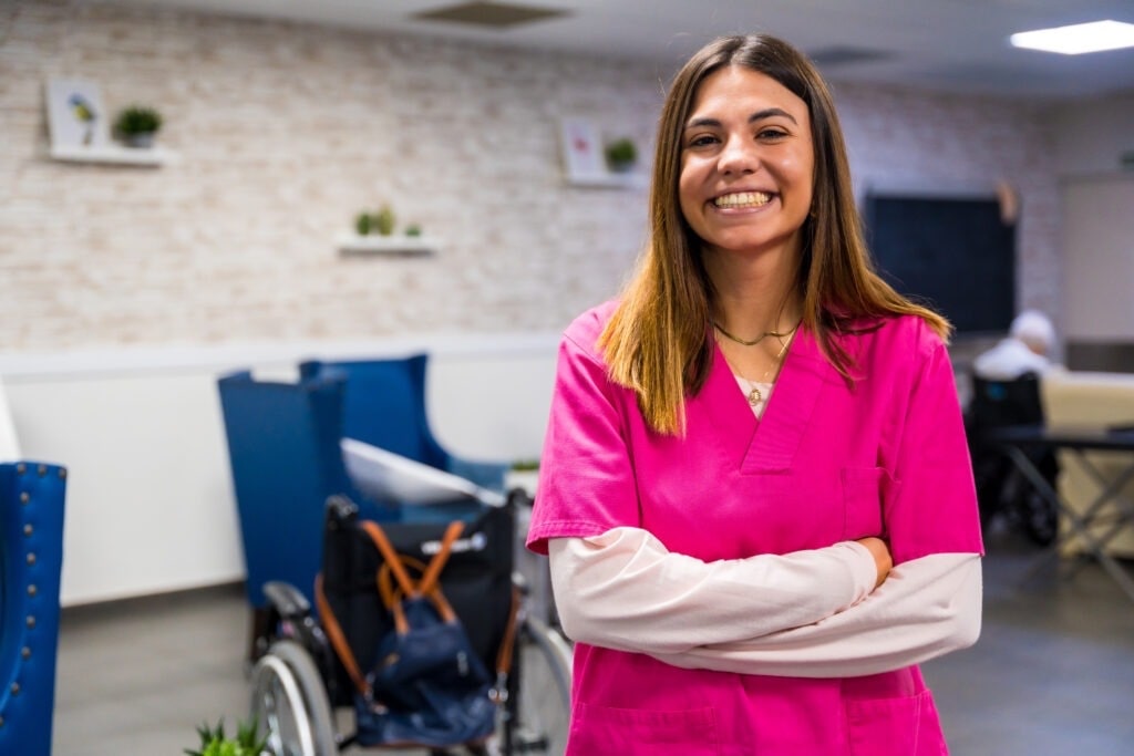 Support worker smiling with client